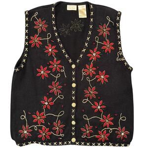 Vintage Sweater Vest Christmas Holiday Festive Cottage Boho Academia Black Large